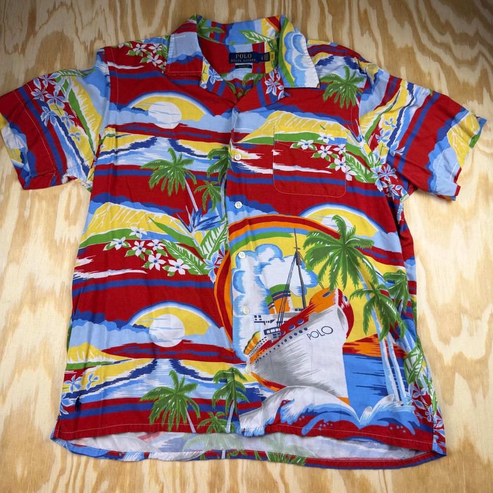 Polo Ralph Lauren Mens Large Classic Fit Tropical Cruise Ship Print Shirt Red